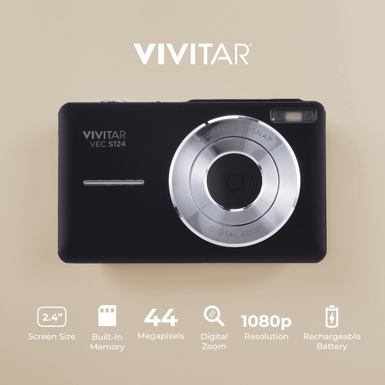Vivitar Popsnap Compact Digital Camera, Black, 16X Zoom, 1080p, Built-in Flash, Micro SD, Slim Lightweight Pocket Design