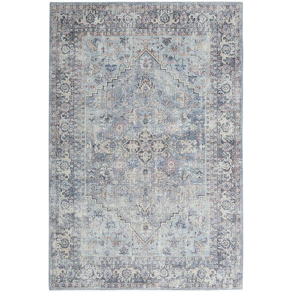 Nicole Curtis Machine Washable Traditional Boho Light Grey/Blue 7'10" x 9'10" Area Rug, (8' x 10')