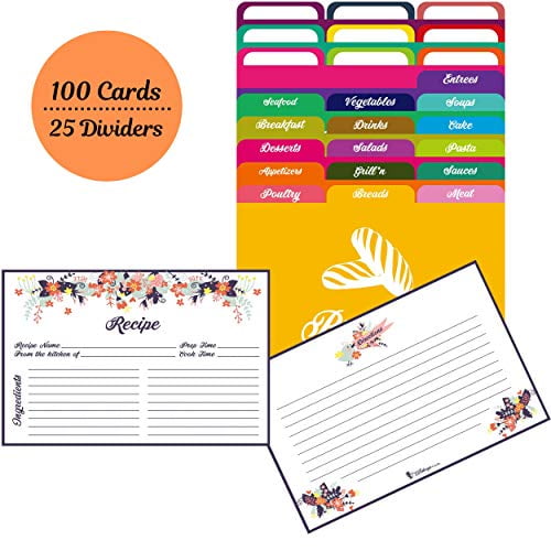 Akshaya Blue Floral Recipe Cards and Dividers set for Recipe Box 100