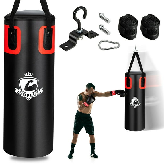 Gymax 56Lbs Filled Punching Bag Set Kickboxing MMA Thai Training w/ Hand Wraps Hanger