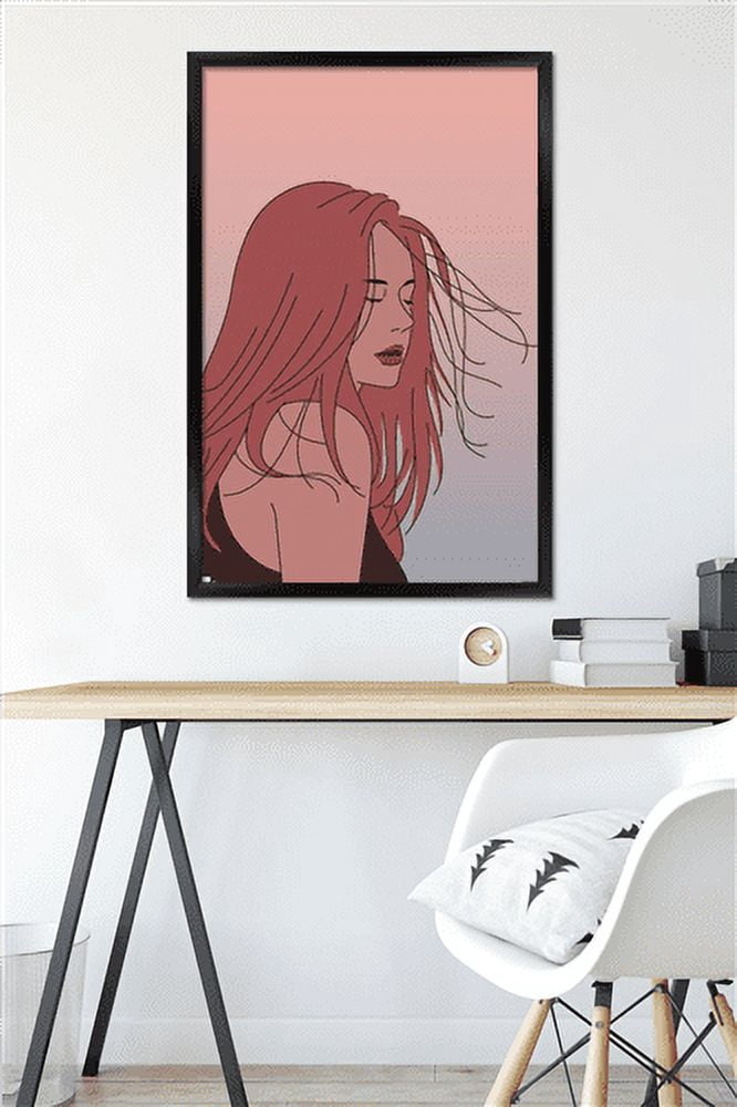 Hand Drawn Woman With Blowing Hair Wall Poster, 22.375" x 34" Framed