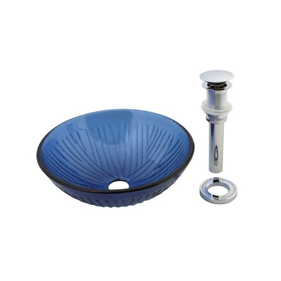 Renovators Supply Glass Countertop Vessel Sink - Round Bathroom Wash Basin - Tempered Vanity Bowl With Sink Drain - Modern Lavatory Bowls for Small Spaces - Shatter-Resistant - Blue Drain Frosted