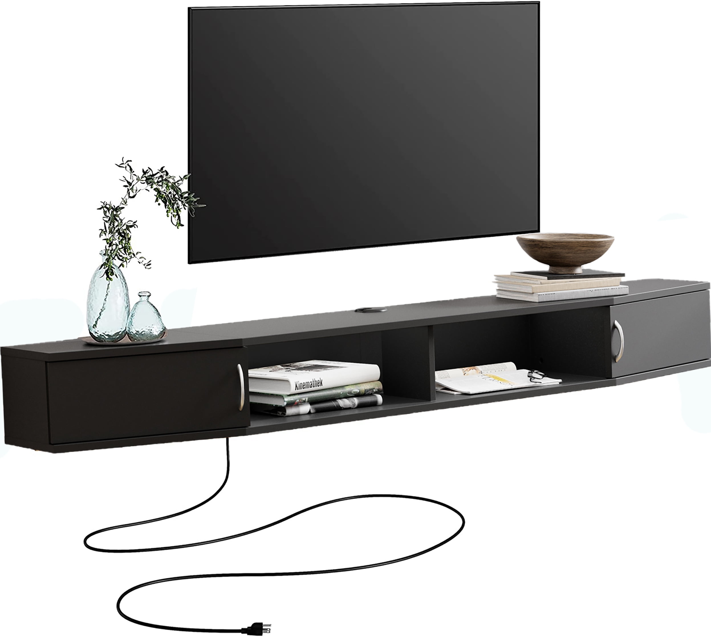 Wall Mounted Media Console with Power Outlets 70", Floating TV Stand Component Shelf for 70 inches TV, Entertainment Storage Shelf for Living Room,Bedroom,Black