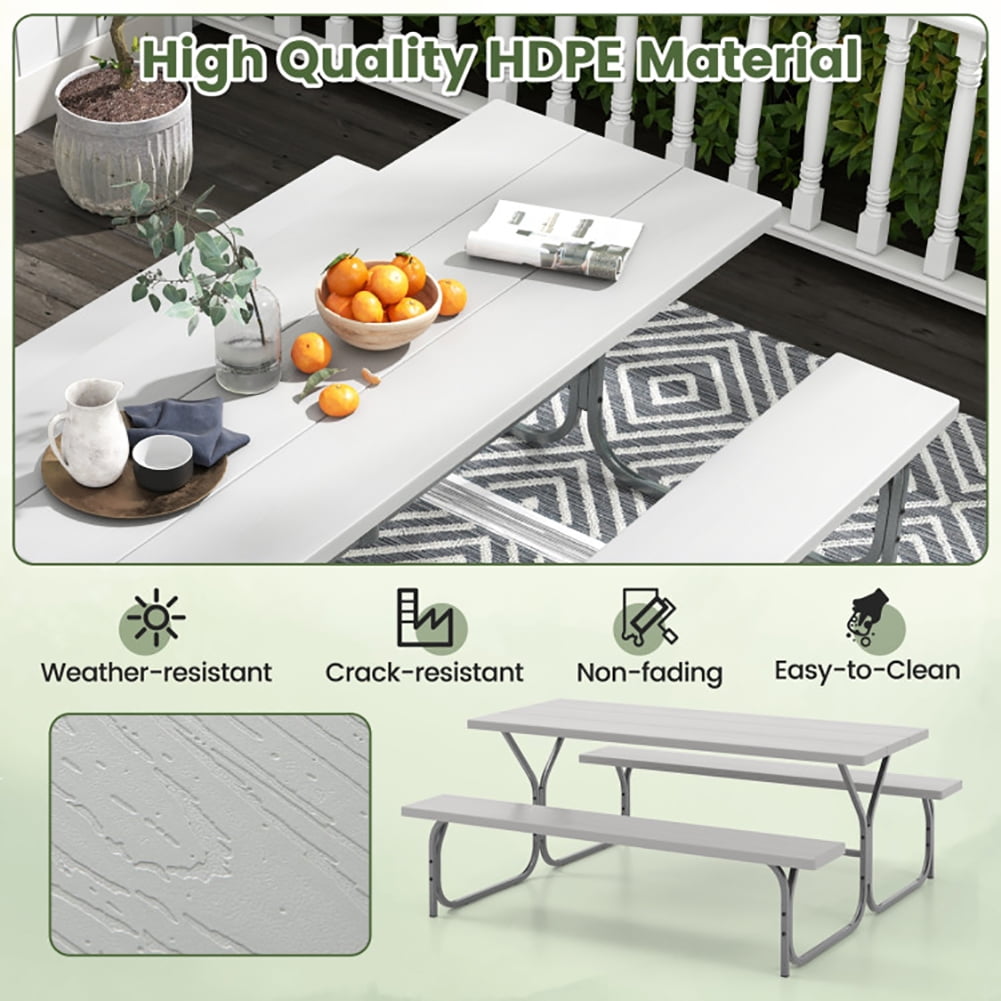 Aimee Lii 6 Feet Picnic Table Bench Set with HDPE Tabletop for 8 Person, Outdoor Patio Furniture, Gray