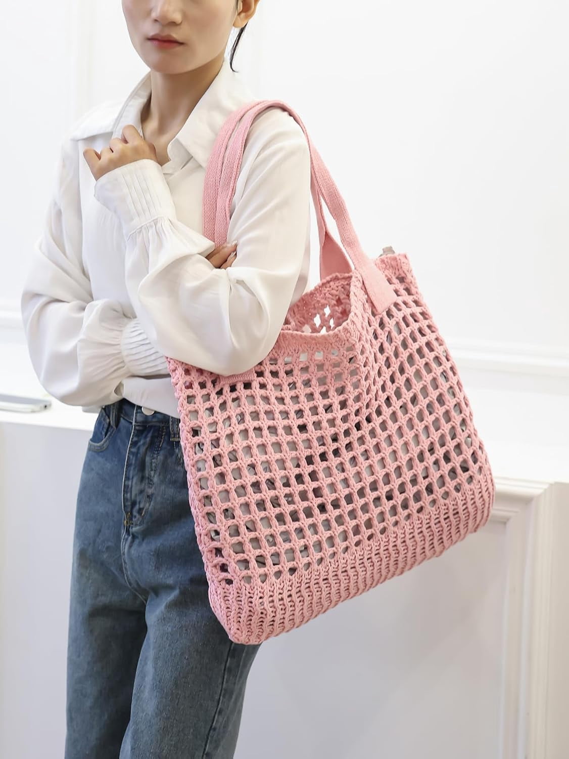 CAILDANL Women's Beach Tote Bag, Crochet Knit Hollow Design, Stylish Tote for Beach,Travel and Everyday Use Aesthetic Handbag