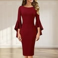 thumbnail image 2 of cfhntfmh Robes Moulantes pour Femmes Robe Cocktail Ajustée à Col Rond Manches Longues Mode Robe Crayon Midi Manches à Volants 3/4, 2 of 5