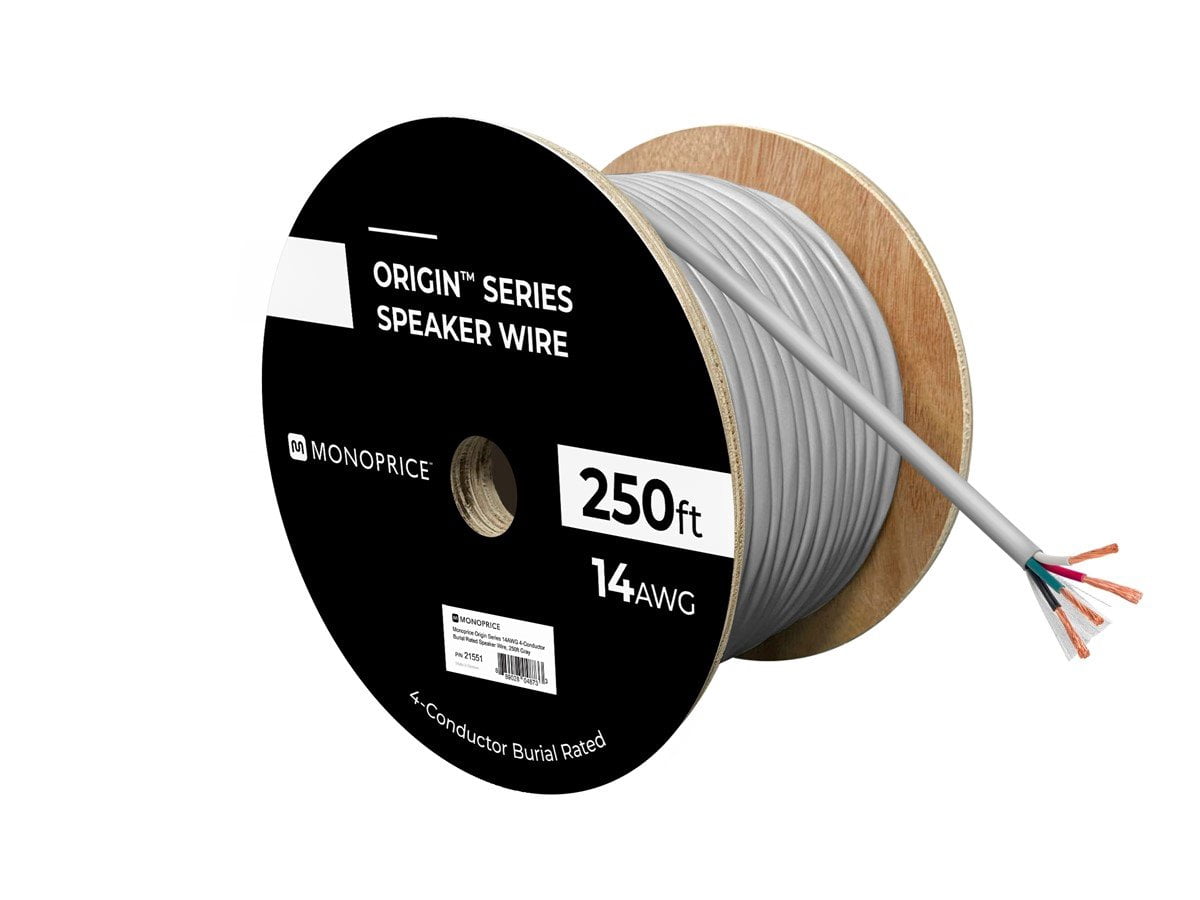 Monoprice Speaker Wire, Burial Rated, 4-Conductor, 14AWG, 250ft, Gray
