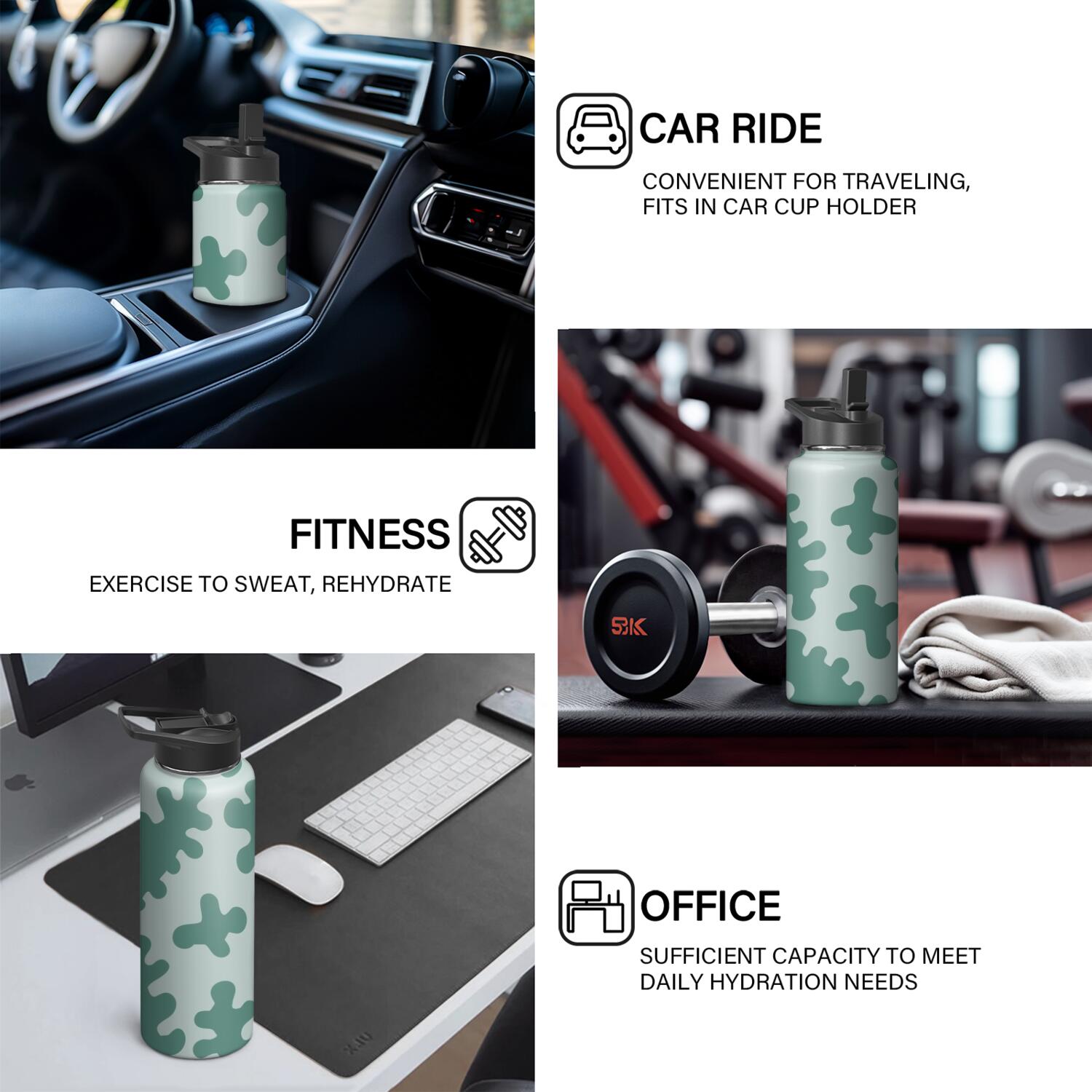 Camouflage Insulated Stainless Steel Water Bottle with Straw & Cleaning Brush – 18/32/40 Oz | Leakproof, BPA-Free, 304 Stainless Steel, Wide Mouth, Travel Mug for Car, Gym, Office
