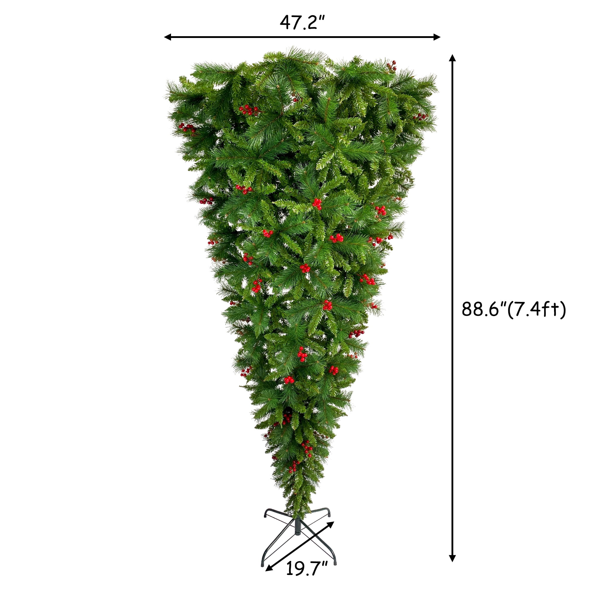 Kadyn 7.4 ft Upside Down Green Christmas Tree Hinged Spruce Full Tree, 1500 branch tips, with Red Artificial Berries, PVC Pine Needles, Artificial Holiday Christmas Pine Tree for Home, Office, Party