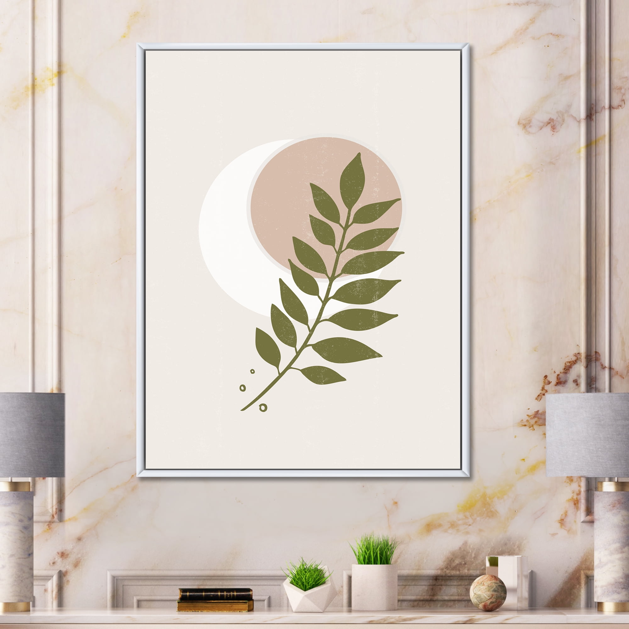 Designart 'Abstract Geometrical Leaf With Moon IV' Modern Framed Canvas Wall Art Print