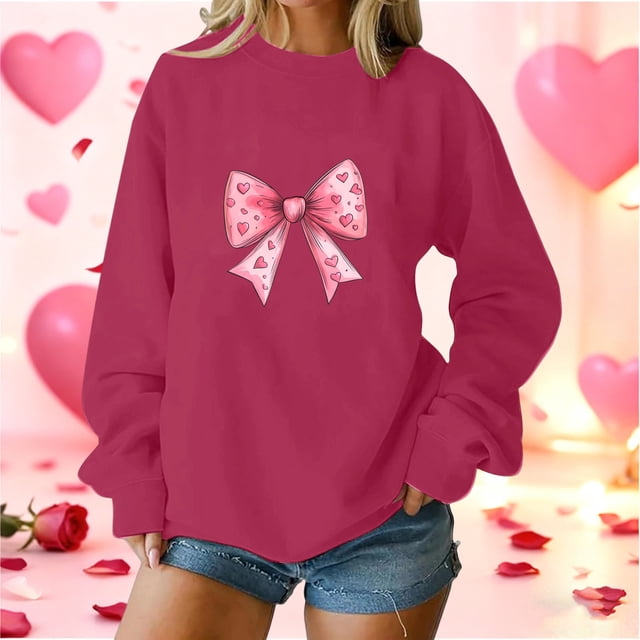 Xuyuer Valentine's Day Women's Bow Lover Heart Print Round Neck Loose Hoodie Long Sleeve Top, Cute Casual Pullover for Valentine's Day Gifts, Date Nights and Everyday Cozy Wear