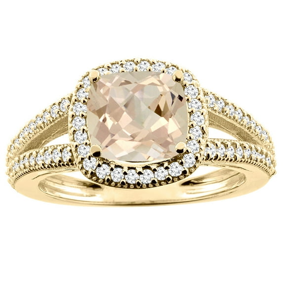 10K Yellow Gold Natural Morganite Ring Cushion 7x7mm Diamond Accent 3/8 inch wide, size 5.5