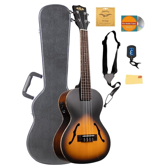 Kala KA-JTE/2TS Archtop Tobacco Burst Tenor Ukulele Rosewood Update Bundle with Case, Tuner, Aquila Strings, Strap, Austin Bazaar Instructional DVD, and Polishing Cloth