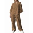 thumbnail image 2 of Womens Cotton Linen 2 Piece Sets V Neck Button Down Long Sleeve Shirt Wide Leg Trouser Sets with Pockets Khaki XXXL, 2 of 7