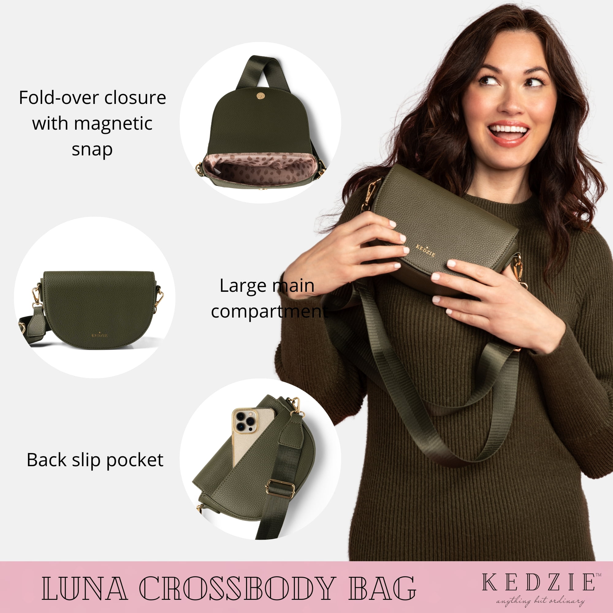 Kedzie Luna Crossbody Bag Shoulder Purse with Removable Strap, Olive (Women's)