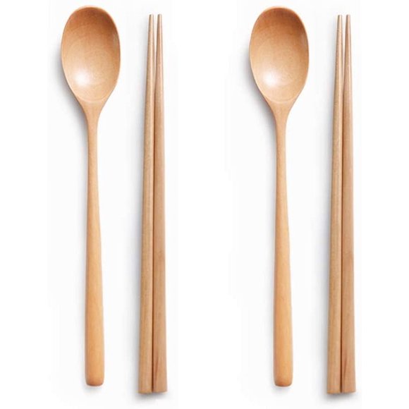 Ecloud Shop Ensembles de Cuillères et Baguettes en Bois, Vaisselle Coréenne, 2 Pcs
