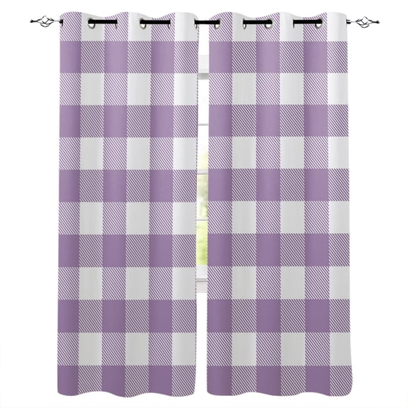 Purple Checkered Blackout Curtains 54 Inches Long, Farmhouse White Buffalo Plaid Thermal Insulated Black Out Curtains, Darkening Window Curtain Drapes for Bedroom Living Room 45"x54" 2 Panels