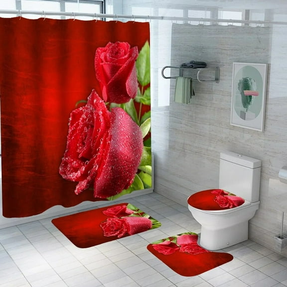 4PCS Red Rose Shower Curtain Sets with Rugs Toilet Cover Bath Mat Waterproof Polyester Fabric Floral Bathroom Curtains Washable