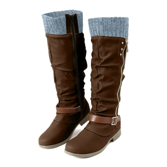 Chenyee Women's Slouchy Knee High Boots Low Heel Comfortable Tall Calf Flat Riding Combat Booties