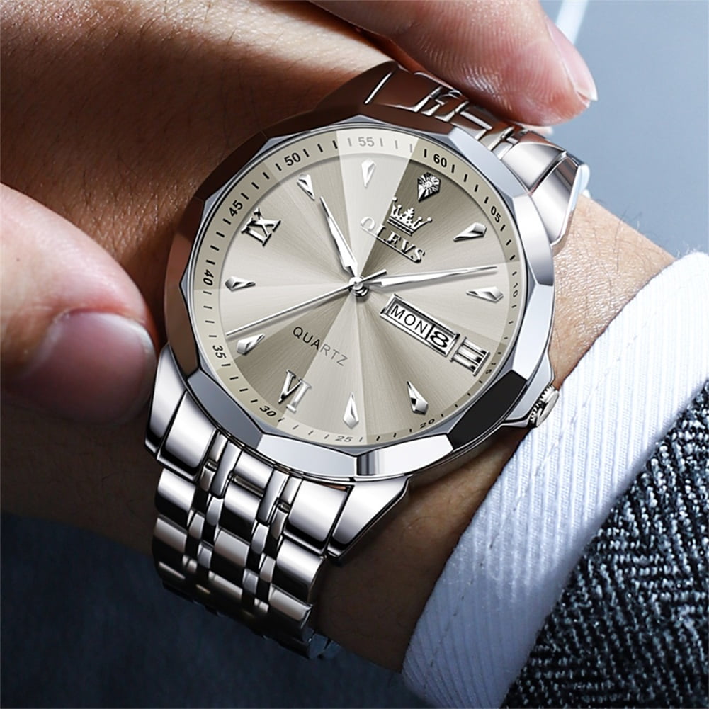 OLEVS Watches for Men Diamond Business Dress Classic Casual Analog Quartz Stainless Steel Waterproof Luminous Date Men Wrist Watches Reloj Para Hombre Gray Dial