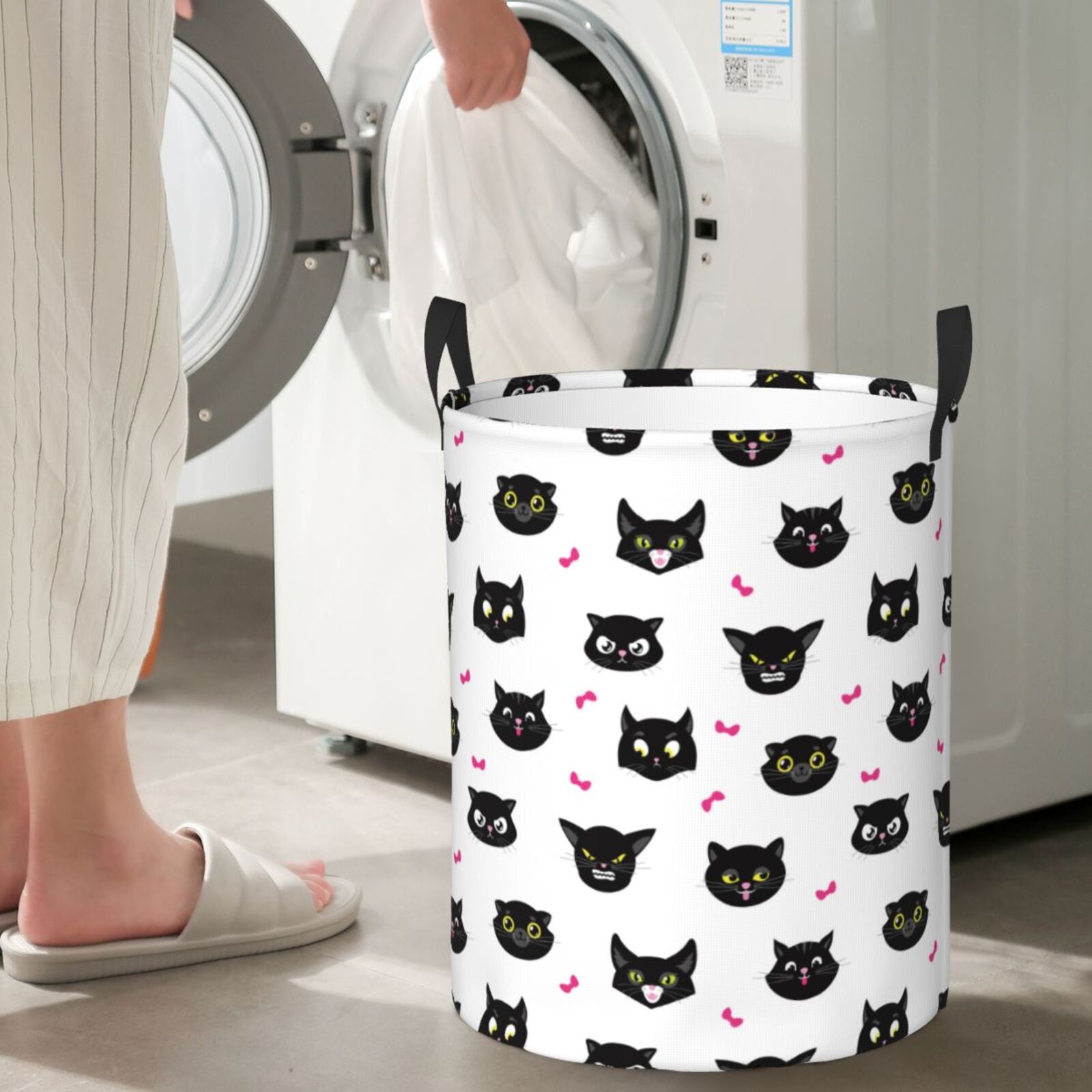 Large Laundry Basket with Handles - Cute Expression Cartoon Cat Black Kids Baby Dirty Clothes Laundry Hamper for Bedroom Aesthetic
