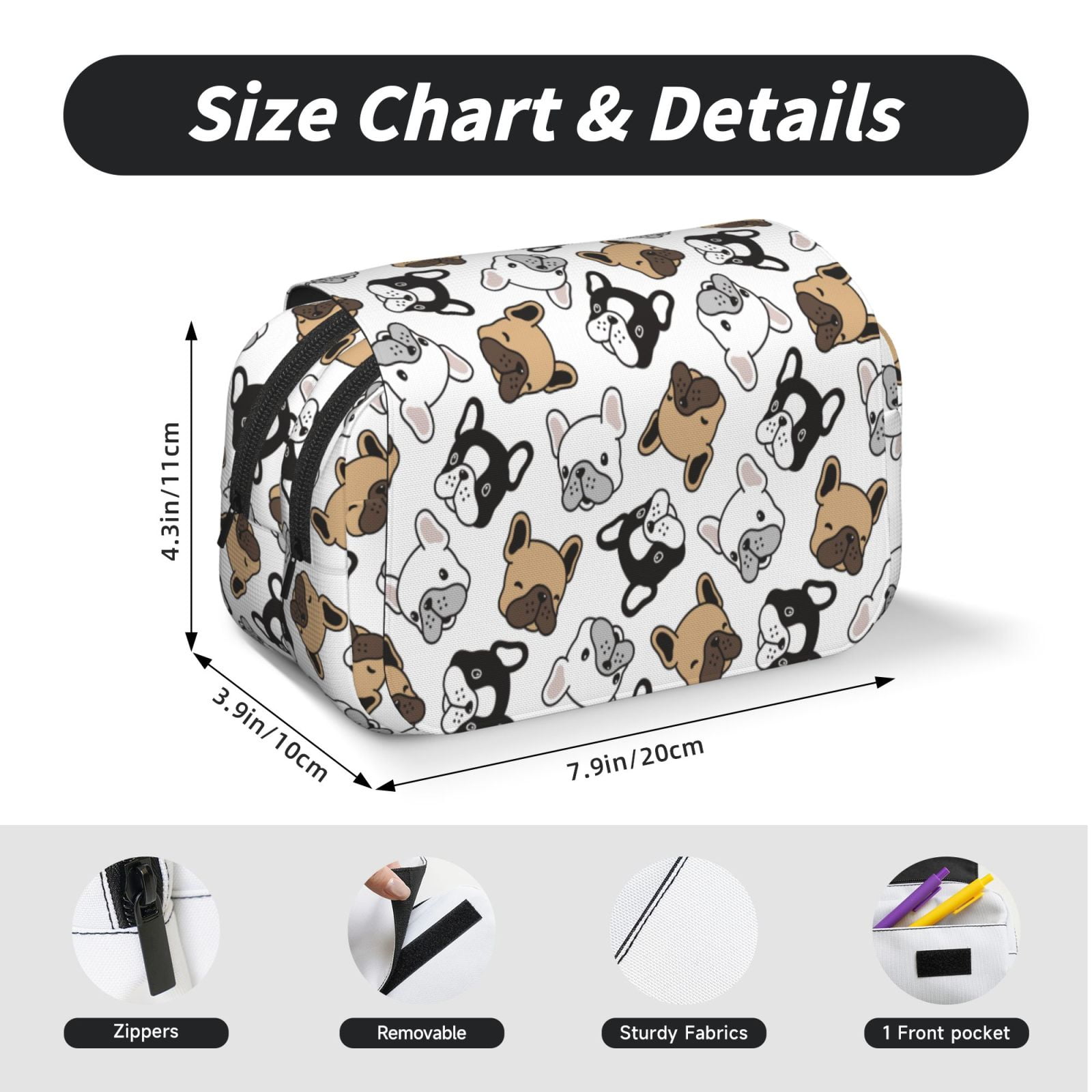 Rateoe French Bulldog3 Pattern Double Clamshell Pen Case, Storage Organizer with Two Zipper Compartments– Holds Up to 50 Pencils & Pens