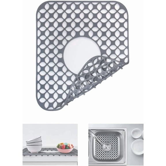 Sink Protector Mat - Folding Non-Slip Silicone Sink Mat, Heat Resistant, Durable Grey Kitchen Sink Guard 13.58''x11.6
