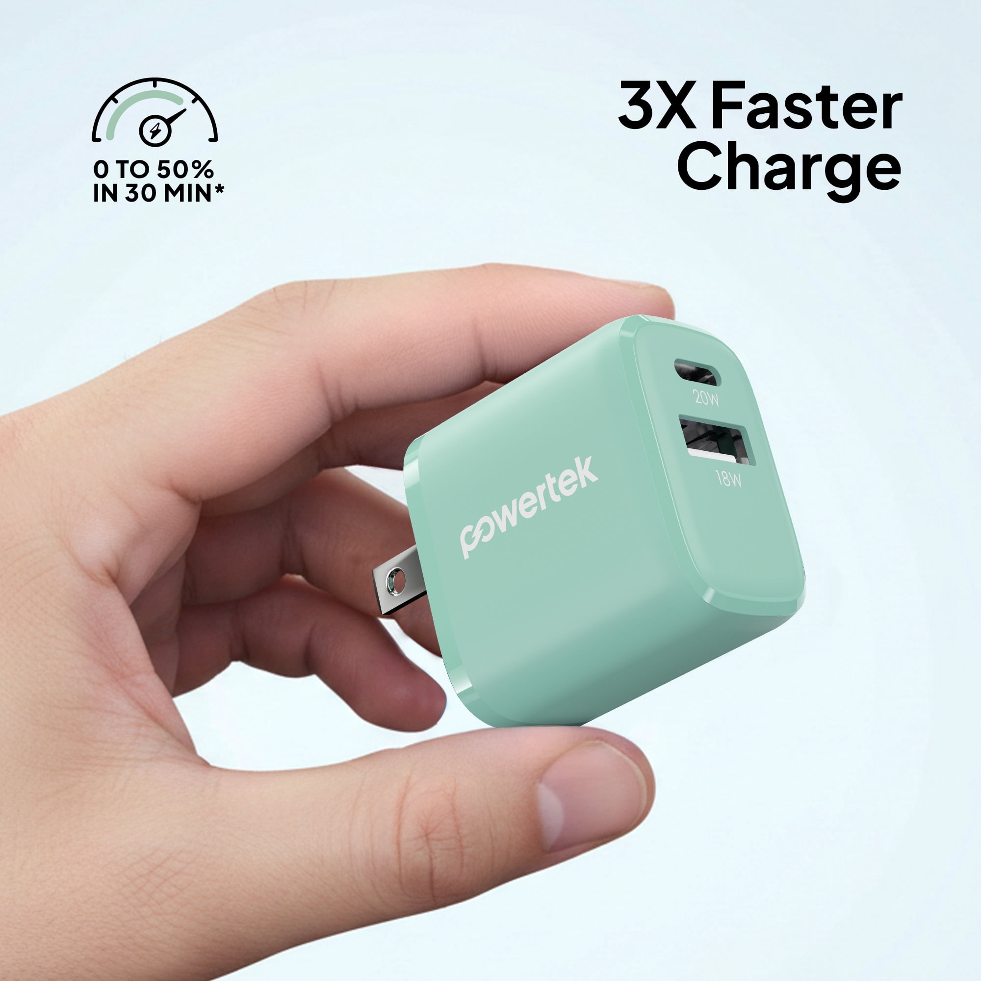 Powertek 20W USB-C PD + 18W USB-A Dual Port Wall Charger, Two-Tone Pastel, Mint