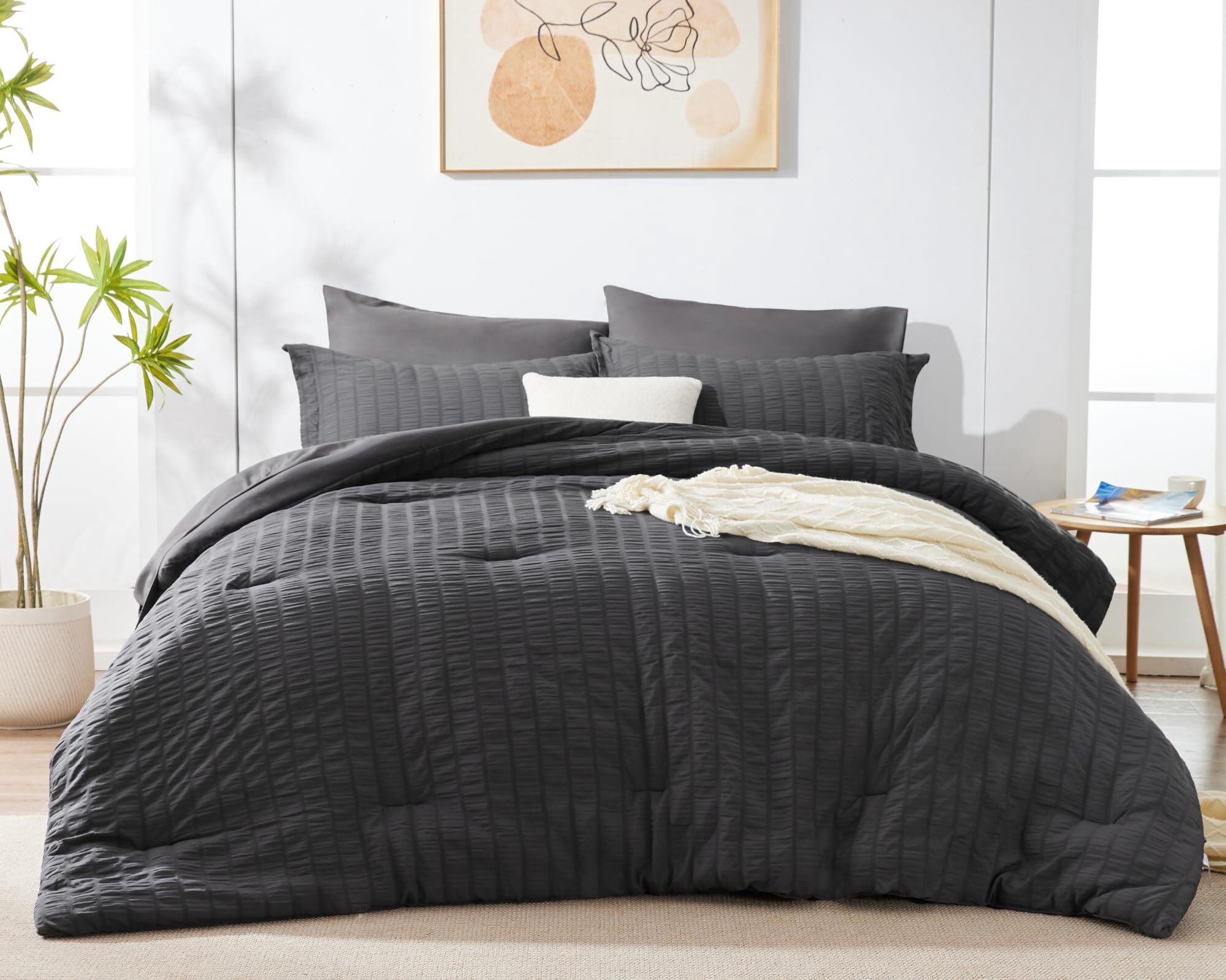 JUSTLET Queen Seersucker Comforter Set with Sheets Dark Grey Bed in a Bag 7-Pieces All Season Bedding Sets with Comforter, Pillow Sham, Flat Sheet, Fitted Sheet, Pillowcase