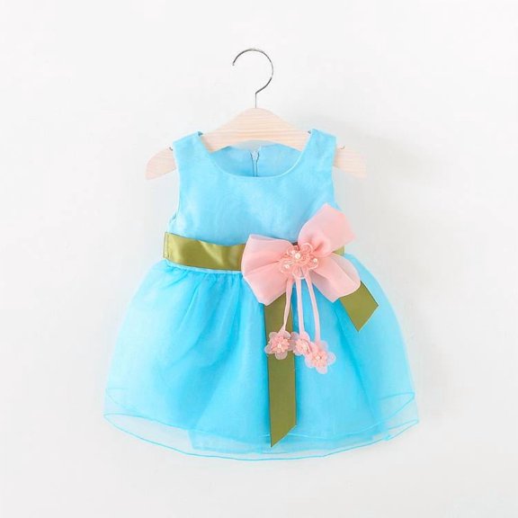 CradlePlanet Infant & Toddler Girls Sky Blue Party Dress With Bow On It