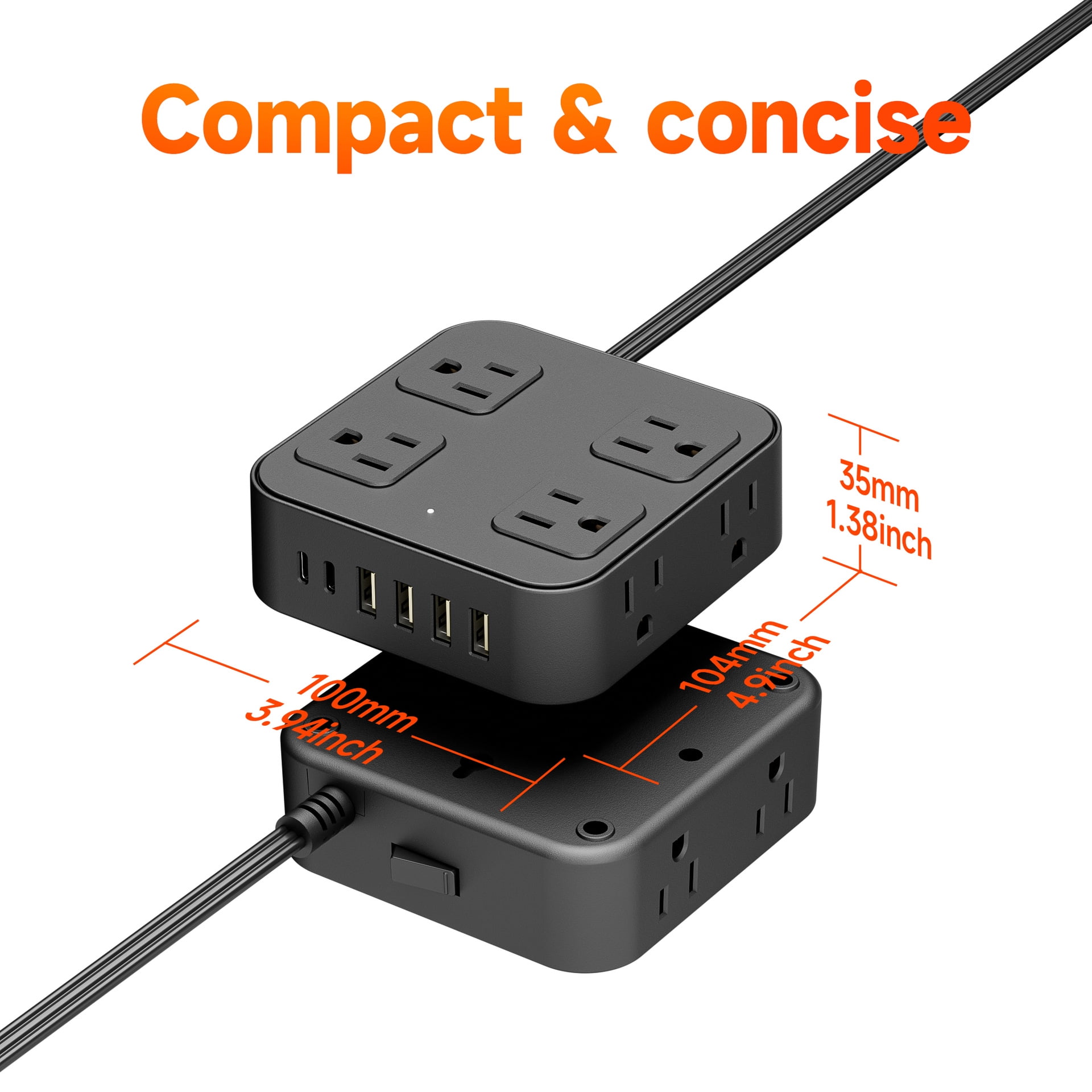 USB Charging Strip - 8 AC Outlets Extender 6 Fast-Charging USB Ports Heavy-Duty US Standard Socket with Extension Cable Multi-Device Charger Station for Office Home Travel（Black）