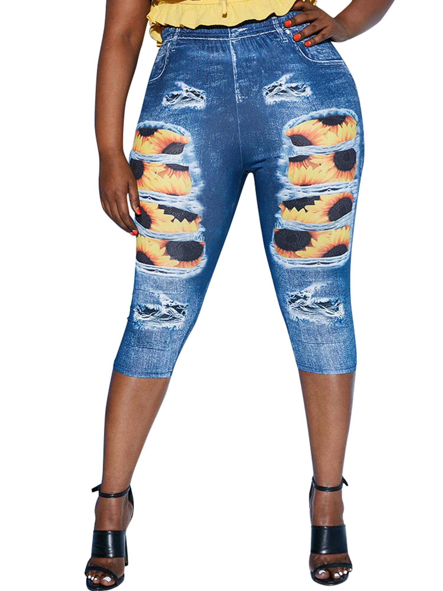 LilyLLL Womens High Waist Ripped Capri 
