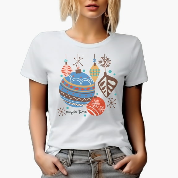 Magic Time with Hand Drawn Christmas Balls Art Merch Gift, White T-Shirt, Small