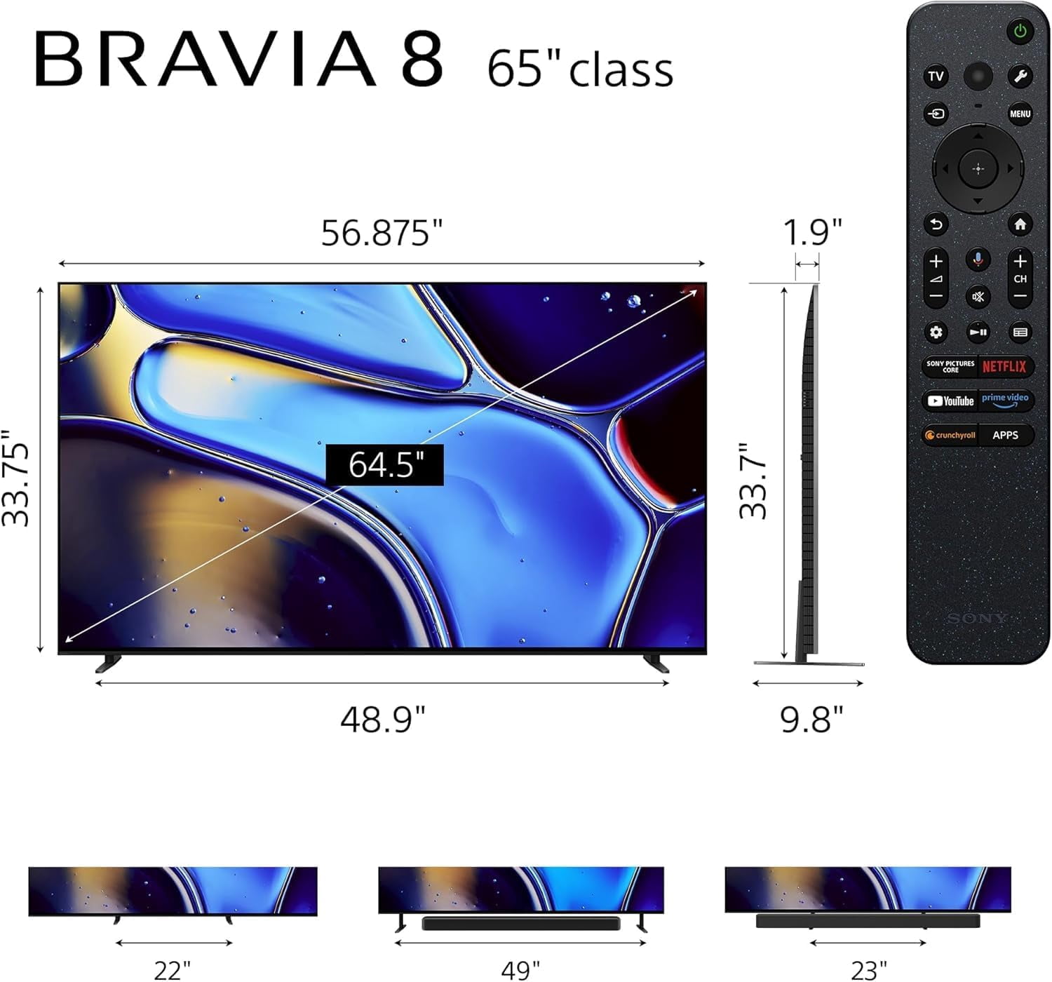 Sony 65-Inch BRAVIA 8 OLED 4K HDR Google TV Bundle – XR OLED Contrast, Dolby Vision, 120Hz, Acoustic Surface Audio+, HDMI 2.1 w/ 24-Month CPS Protection Plan, UAX HDMI Cable, Streaming Bundle