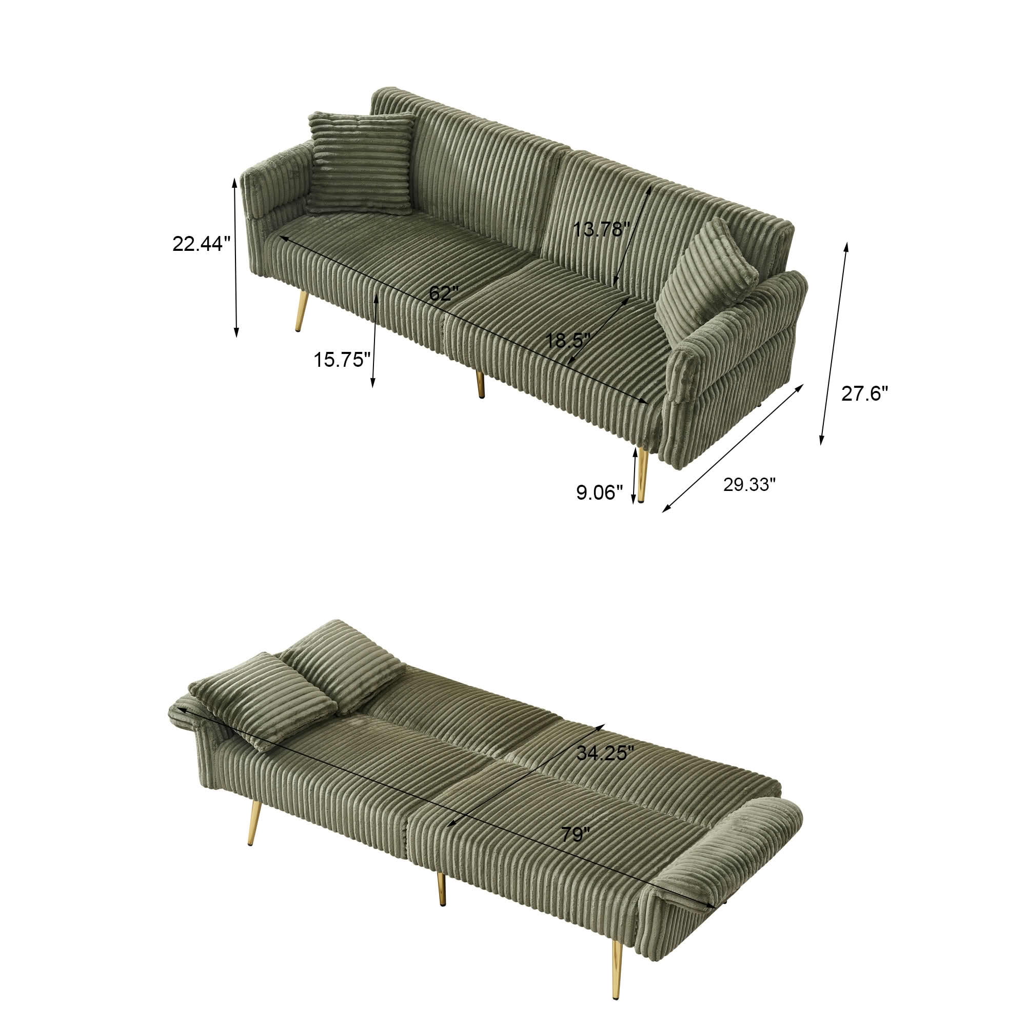 MAYEERTY 79" Green Corduroy Convertible Sofa Bed, Foldable Armrest Wood Frame Couch for Small Living Room