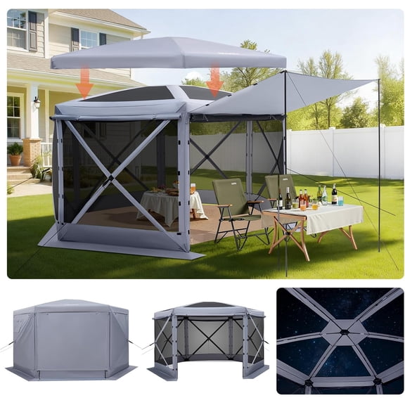 Pop up Gazebo Screen Tent, 12 x 12 ft Large 6-Sided Camping Canopy Tent with Removable Top & Carry Bag, Quick-Set & Bite-Proof, Screen House Sun Shelter for 8-10 Persons Backyard Patio, Grey