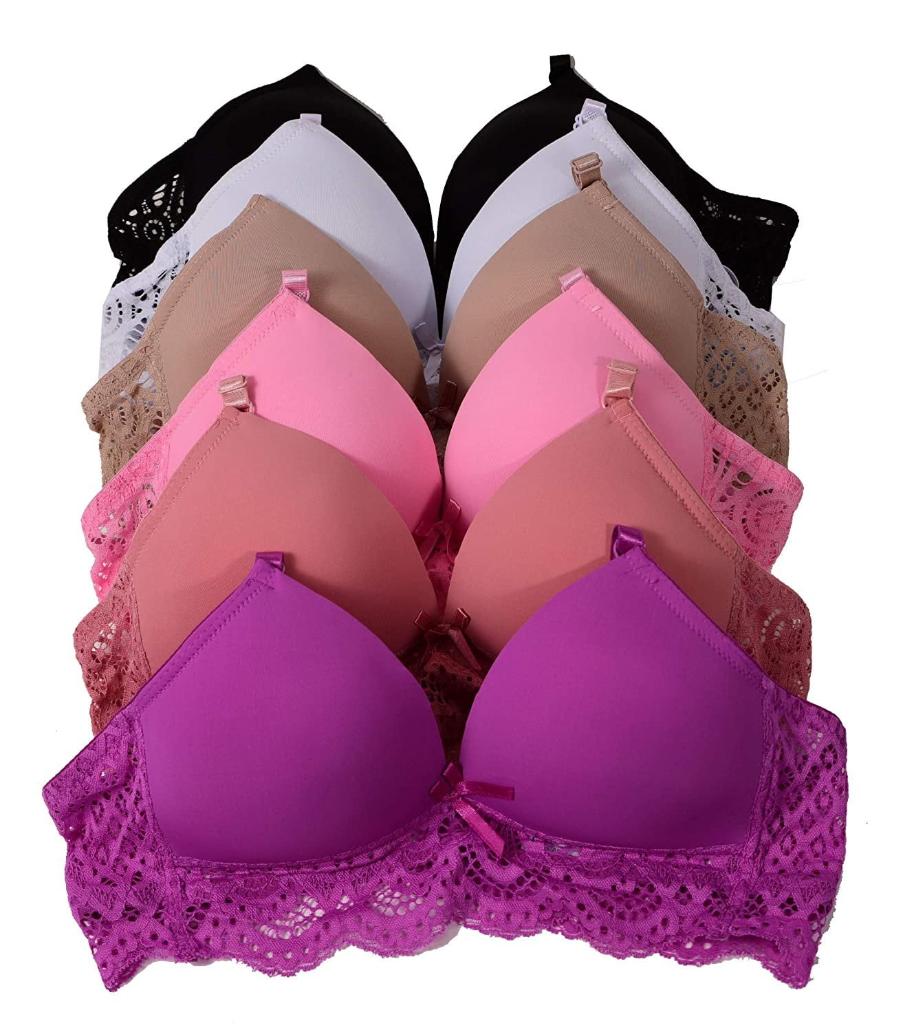 Iheyi 6 Pieces No Wire Full Cup Plain/Lace Light Padded Wire Free Bra A