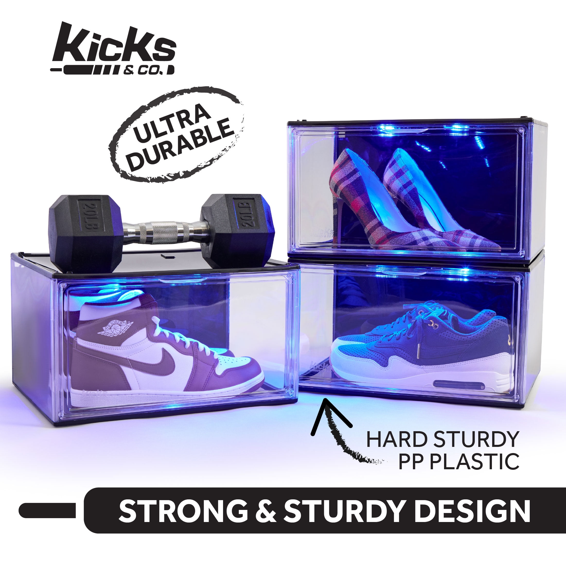 Kicks & Co XL Clear Plastic Stackable Shoe Storage Box for Sneakers Remote Control LED Light Fits Up to Size 13