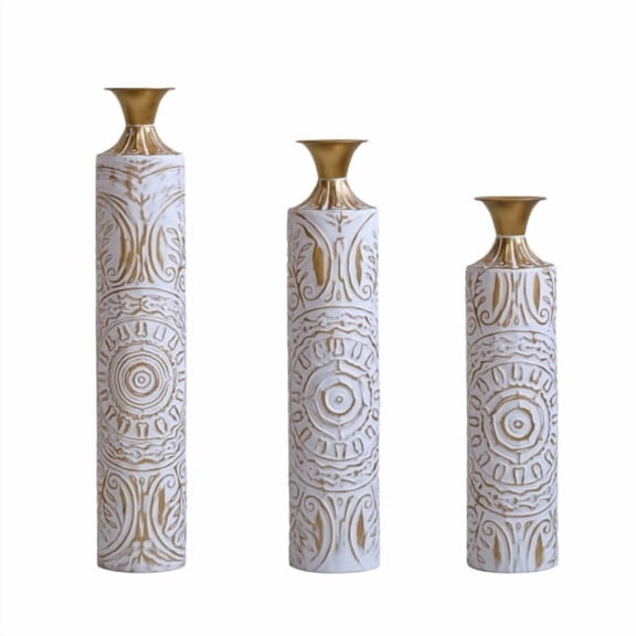 Luxury White & Gold Metal Vase Set - 3-Piece Floor Vases (24.6", 28.5", 32.5") with Geometric Embossing