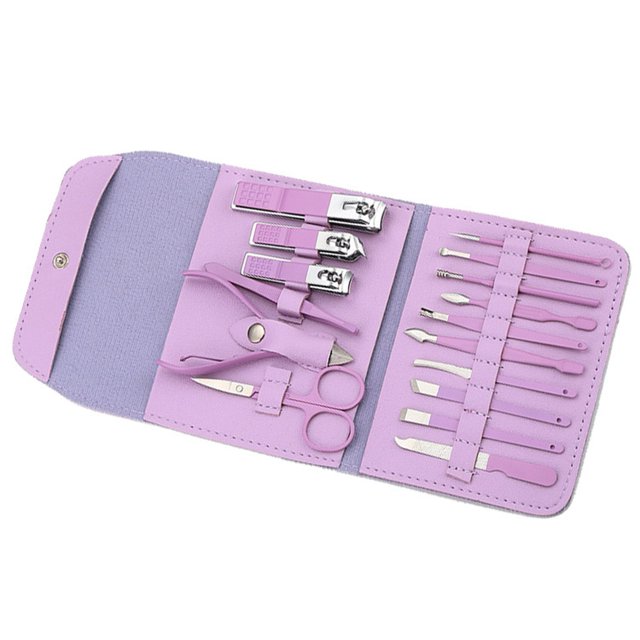 Juego de 16 cortaúñas de acero inoxidable resistente a la corrosión, portátil, para manicura y pedicura, para mujeres y niñas, color morado