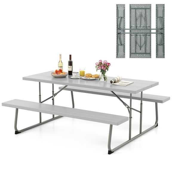 Gymax Folding Picnic Table w/ 2 Benches 6 FT Camping Table Set w/ All-Weather HDPE Tabletop Grey