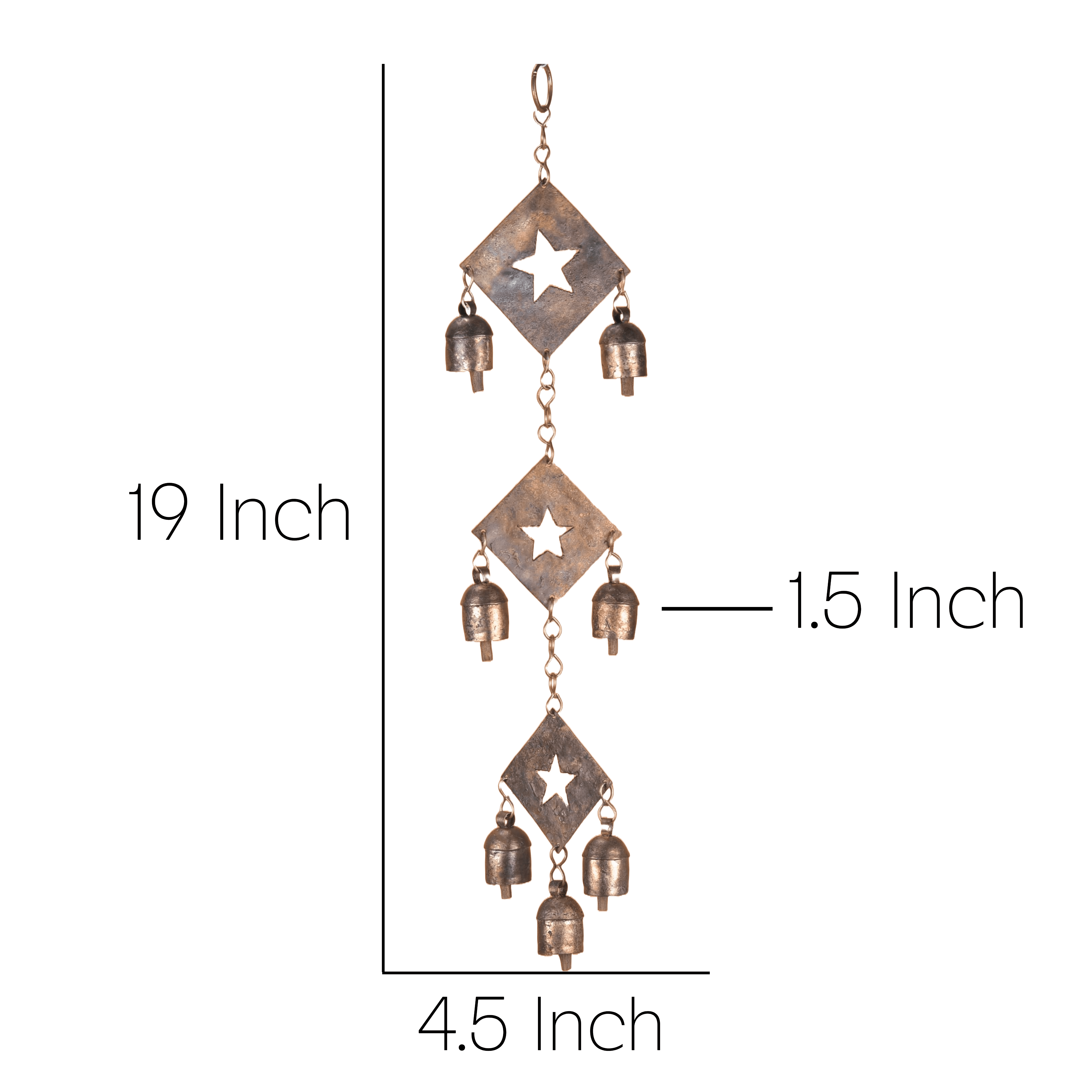 Vivanta Rustic Metal Wind Chime – Triple Diamond Star Cutouts with Bells – Bronze Outdoor Garden Decor – Wind Chimes for Outside, Porch, Yard, Balcony, Memorial or Garden Gift 19 x 4.5 Inch