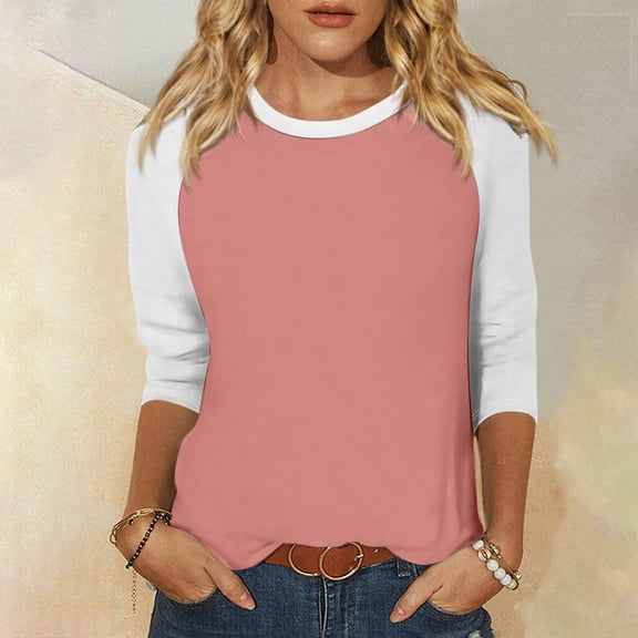 ylioge 3/4 Sleeve T Shirts for Women Plus Size S-4X Crewneck Going-Out Tops Womens Casual Color Block Pullover Slim Basic Loungewear Tees Top