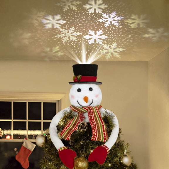 Lewondr Christmas Tree Topper Hat Projector, Snowman Hat Tree Topper with Snowflake Projector Light, Decorative Elf Hat Tree Topper for Xmas Holiday Party Home Decoration, White