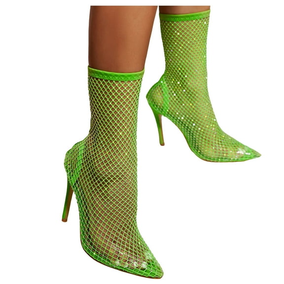 See Through Stiletto High Heels Dress Boots for Women Ladies Sexy Green Clear Fishnet Pointed Toe Mid Calf Short Booties