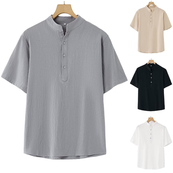 Miluxas Men's Tees Summer Casual Cotton Linen Shirt Solid Men's Button Neck Short Sleeve Shirt Male T Shirts White XL(XL)