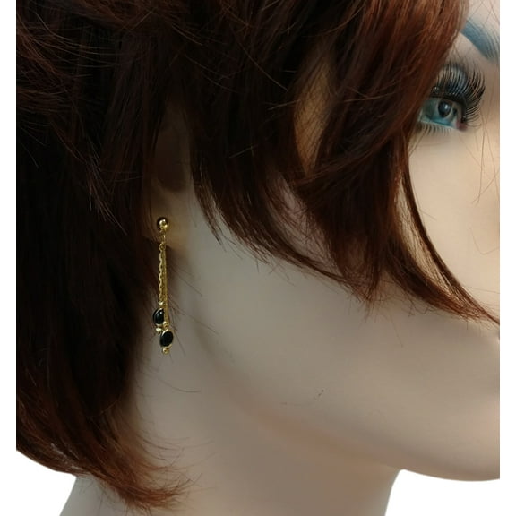Black Beaded Chandelier Dangle Gold Tone Pierced Earrings Surgical Steel Posts 1 1/2" Ladies Adult Female Women