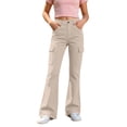 thumbnail image 4 of XINXIAOO School Uniform Pants for Girls Formal Flare Leg Cargo Pants Pull On Chino Elastic Waist with Pockets Girls Beige Uniform Pants Preppy Clothes 13-14 Years, 4 of 7