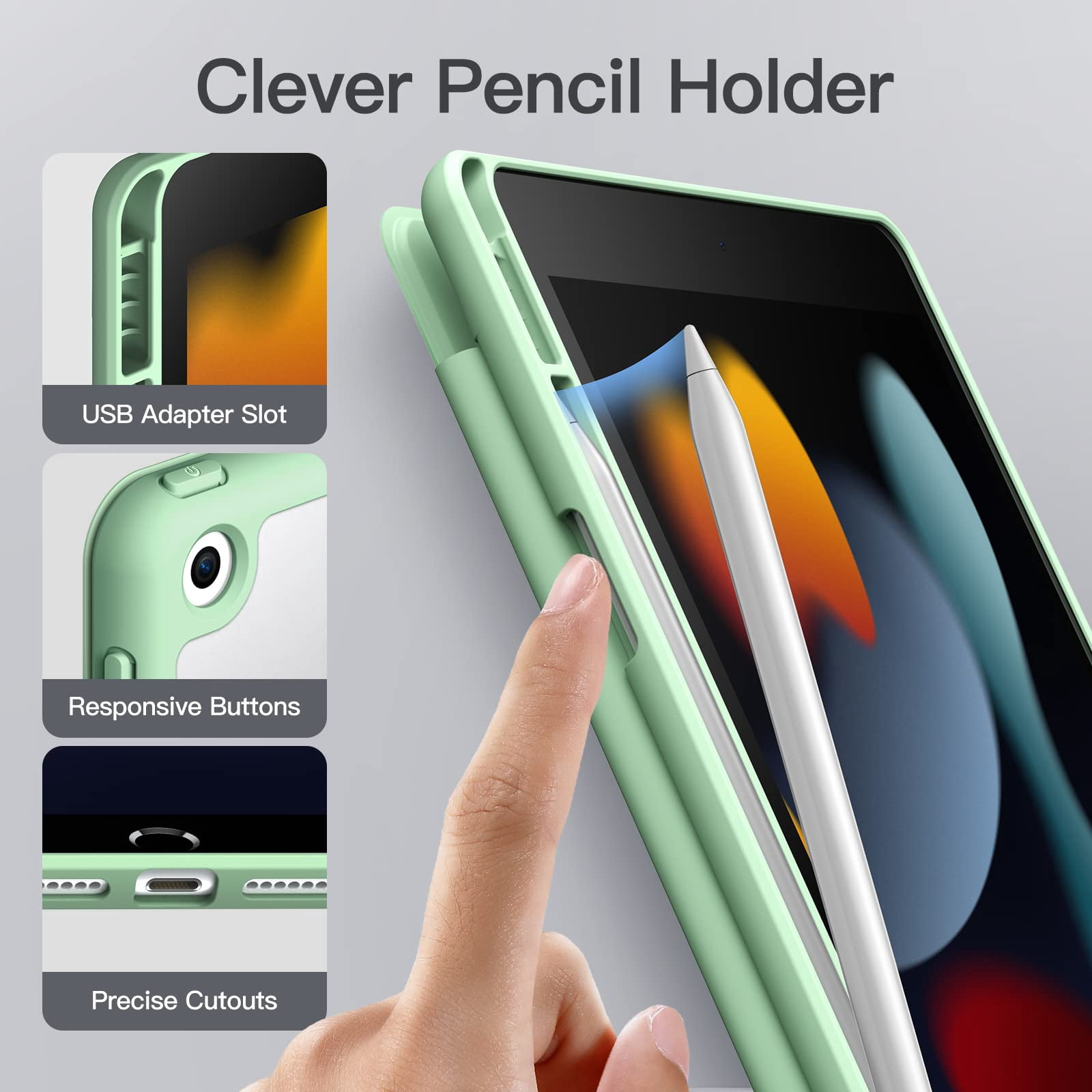 JETech Matte Case for iPad 9/8/7 (10.2-Inch, 2021/2020/2019 Model, 9th/8th/7th Generation) with Pencil Holder, Frosted Translucent Back Slim Stand Protective Tablet Cover (Matcha Green)