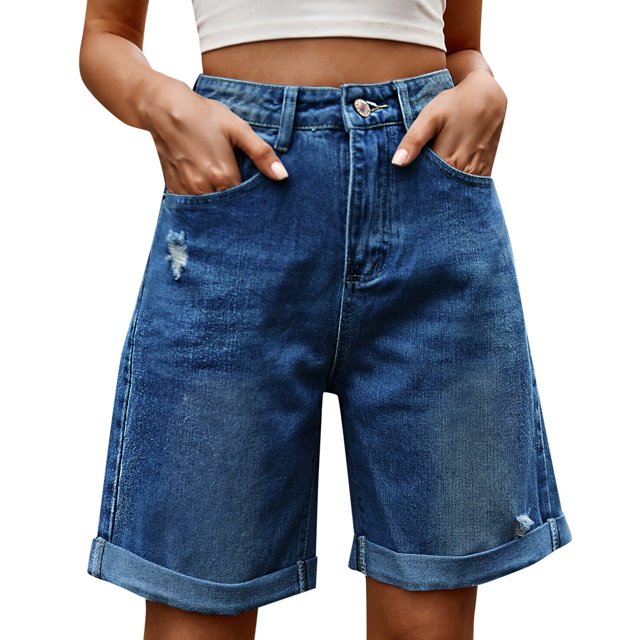 TINZ Women Ripped Straight Leg Distressed Hem Five Point Casual Comfortable Fashion Denim Shorts Wide Leg Pants for Women High Waist Designer Wide Leg Pants for Women